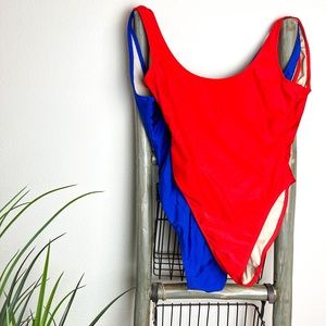 x2 Available One-Piece Swimsuits, Red or Blue, High Waist & Leg, Open Back, M
